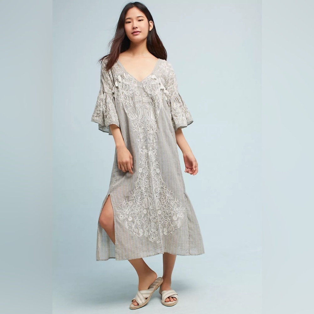Anthropologie Maeve Bohemian Grey Tisdale Embroidered Midi Dress Size 0 XXS XS